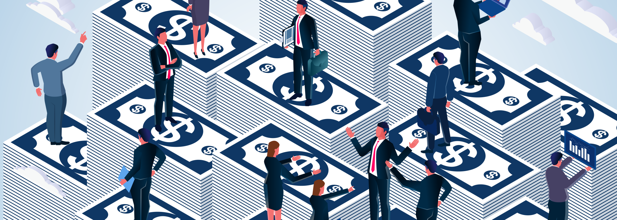 people on stacks of money vector image