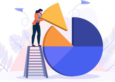 Illustration of woman on ladder putting piece of pie graph in place